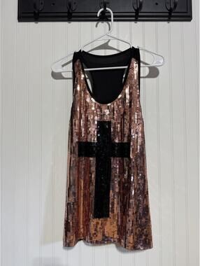 Sequin Tank Top with Black Cross Design Medium